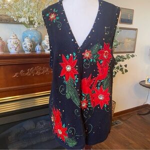 Vintage Kikit Christmas Poinsettia Cardinal Sweater Vest Size Large